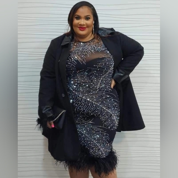 Fashion Nova Plus Size Feather Trim Beaded Sheer Mesh Dress - Picture 14 of 15